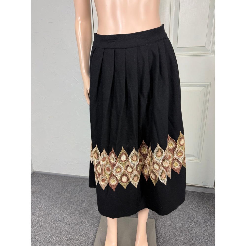 Vintage 50s Embroidered Women's Midi Skirt Wool Party Metallic Peacock JJ18